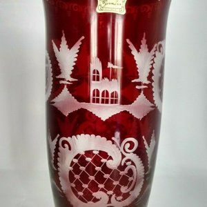 Bohemian Ruby Red Crystal Vase- Sparrow, Stag & Castle Egermann